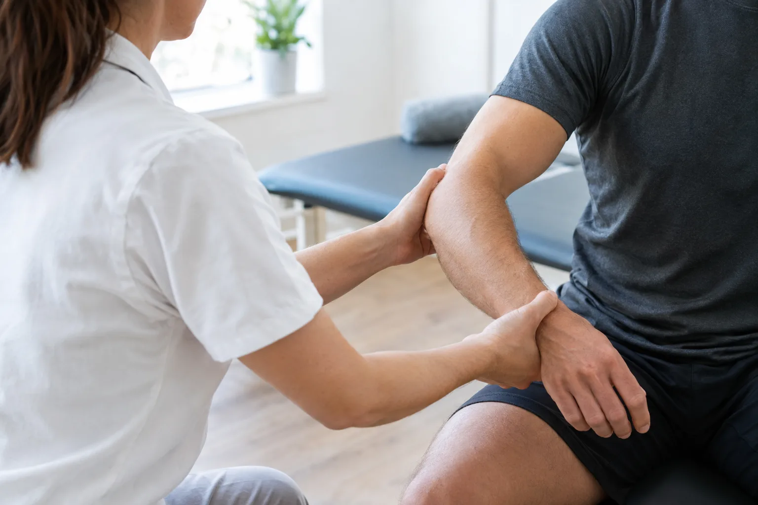 Fisioterapeuta avalia o movimento do cotovelo e do antebraço de um atleta amador sentado na clínica.