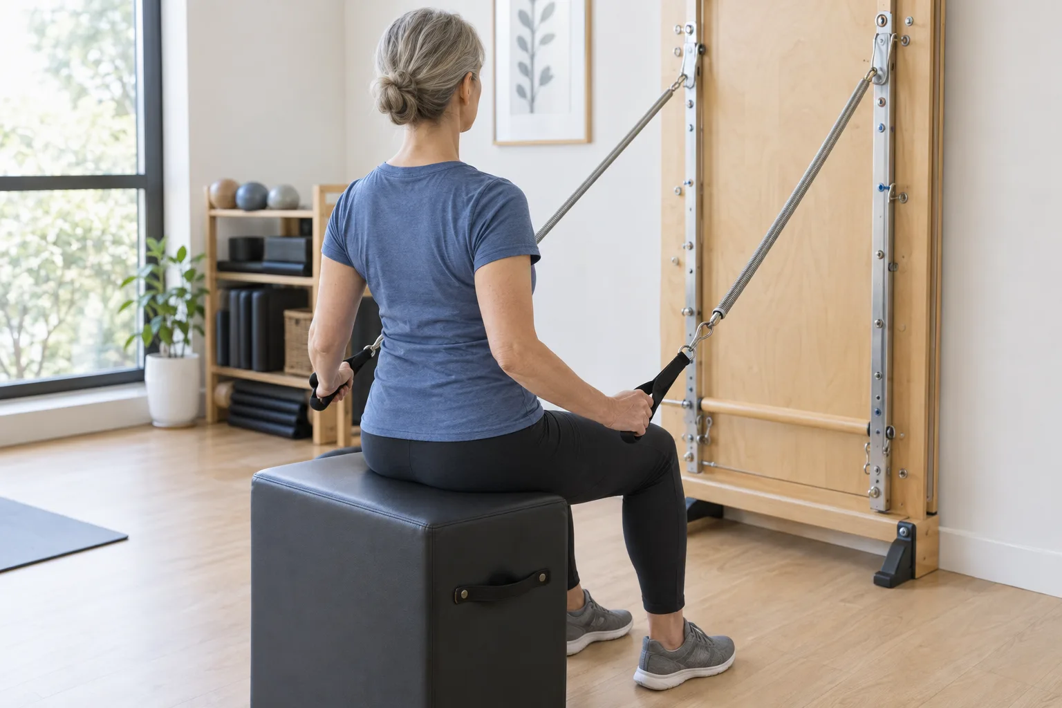 Mulher idosa faz exercício sentado com molas de Pilates, mantendo a coluna alinhada e os pés apoiados no chão.